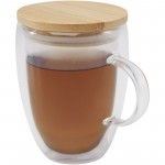 11341801-Szklany kubek Leona 350 ml z bambusową pokrywką-Przezroczysty bezbarwny